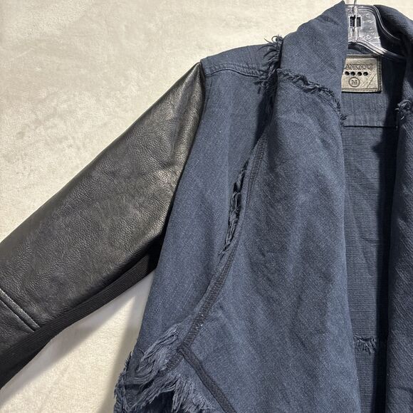 BlankNYC Drape Front Mixed Media Denim Vegan Leather Fringe Jacket Size Medium - Picture 2 of 15